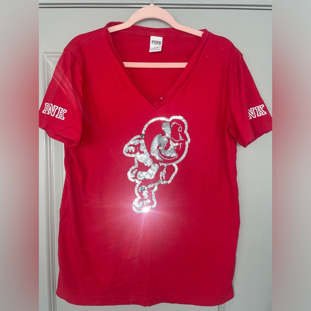 Victoria’s Secret PINK Ohio State Buckeyes V Neck Sequin Tee Shirt Size: M Red